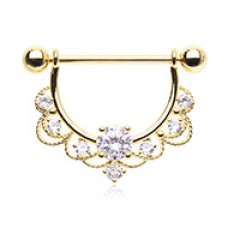 Golden Lace Gem Drop Dangle Nipple Barbell Shield Ring