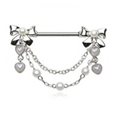 Push Pin Bow Pearl Drop Dangle Chain Nipple Barbell Ring