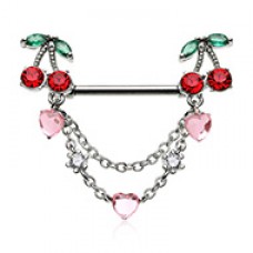 Push Pin CZ Cherry Heart Drop Dangle Chain Nipple Barbell Ring