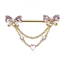 Golden Push Pin Bow Heart Drop Dangle Chain Nipple Barbell Ring