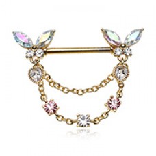 Golden Push Pin Butterfly Heart Drop Dangle Chain Nipple Barbell Ring