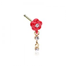 Golden Red Rose Dangle Gem Nose Stud Ring