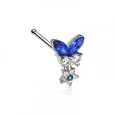 Blue Sapphire Butterfly Flower Dangle Gem Nose Stud Ring