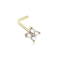 Golden 4 Petal Cubic Flower Prong Set Gem L-Shape Nose Ring