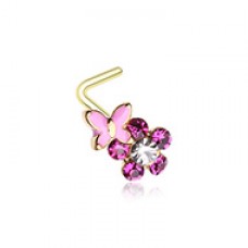 Golden Butterfly on Flower L-Shaped Nose Ring