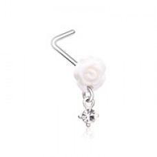 White Rose Dangle Gem L-Shaped Nose Ring