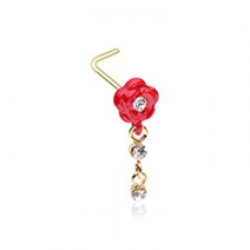 Golden Red Rose Dangle Gem L-Shape Nose Ring