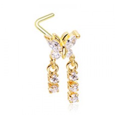 Golden Butterfly CZ Double Dangle Gem L-Shape Nose Ring