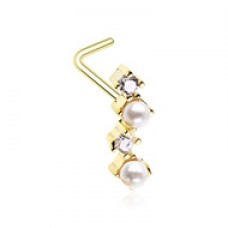 Golden Classic Zig Zag CZ Pearl L-Shape Nose Ring