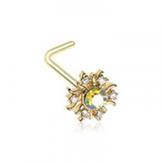 Golden CZ Iridescent Celestial Bursting Sun L-Shape Nose Ring