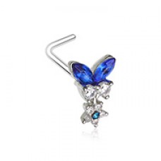 Blue Sapphire Butterfly Flower Dangle Gem L-Shape Nose Ring