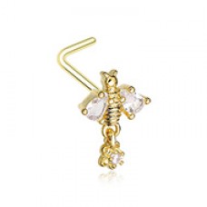 Golden Bumble Queen Bee Flower Dangle Gem L-Shape Nose Ring
