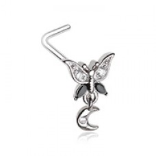 Midnight Butterfly Dangle Moon Gem L-Shape Nose Ring