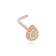 Rose Gold Sparkling Glitter Ornate Teardrop L-Shape Nose Ring
