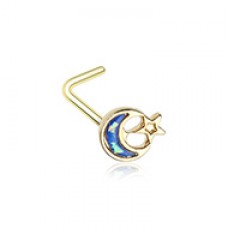 Golden Opal Crescent Moon & Star L-Shape Nose Ring