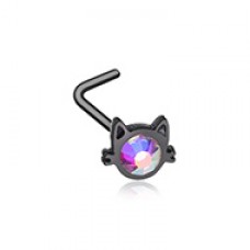 Black Iridescent Cat Silhouette Face L-Shape Nose Ring