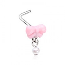 Sweet Kawaii Coquette Bow Pearl Dangle L-Shape Nose Ring