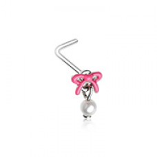 Pink Enamel Pearl Drop Bow Ribbon L-Shaped Nose Ring