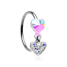 Double Heart Drop Dangle Gem Bendable Nose Hoop