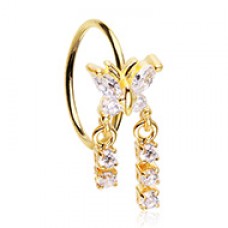 Golden Butterfly CZ Double Dangle Bendable Nose Hoop