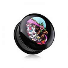 Day of the Dead Lady Skull Single Flared Ear Gauge Plug