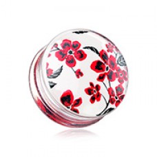 Red Cherry Blossom Clear UV Double Flared Ear Gauge Plug