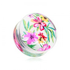 Hawaiian Flower Print Acrylic UV Double Flared Ear Gauge Plug