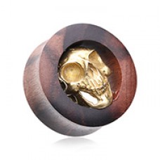 Organic Golden Brass Skull Ebony Wood Double Flared Ear Gauge Plug