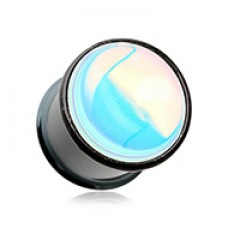 Black Synthetic Moonstone Iridescence Double Flared Ear Gauge Plug