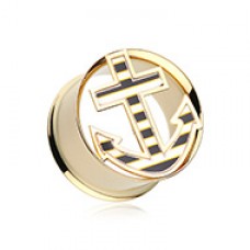 Golden Nautical Stripe Anchor Double Flared Ear Gauge Plug