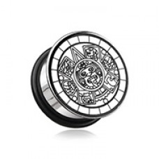 Mayan Calender Plate Hollow Back Single Flared Ear Gauge Plug