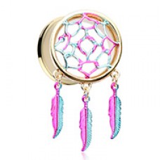 Golden Dreamcatcher Feather Dangle Ear Gauge Plug