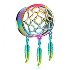Rainbow Dreamcatcher Feather Dangle Ear Gauge Plug