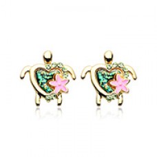Golden Kauai Flower Turtle Ear Stud Earrings