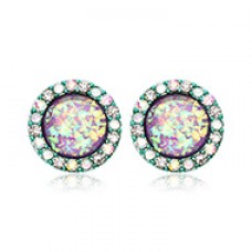 Teal Round Crown Opal Jeweled Combo Ear Stud Earrings