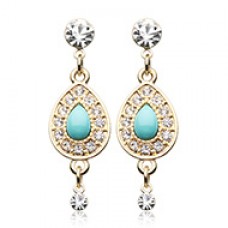 Golden CZ Dangle Avice Turquoise Multi-Gem Ear Stud Earrings
