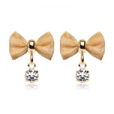 Golden Dainty Mesh Bow Gem Dangle Ear Stud Earrings