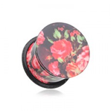 Black Pink Floral Print Acrylic Single Flared Ear Gauge Plug