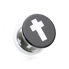 White Cross Acrylic Single Flared Ear Gauge Plug