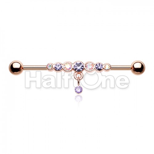 Rose Gold Dazzling Gem Row Dangle Industrial Barbell