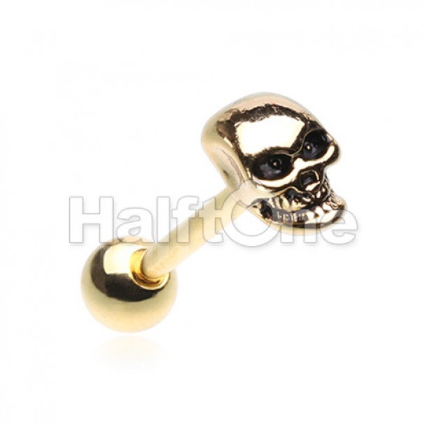 Golden Skull Head Steel Barbell Tongue Ring