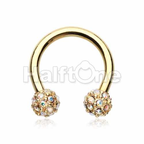 Golden Full Dome Pave Ball Horseshoe Circular Barbell