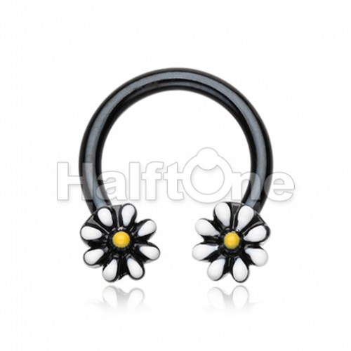 Black Daisy Flower Horseshoe Circular Barbell