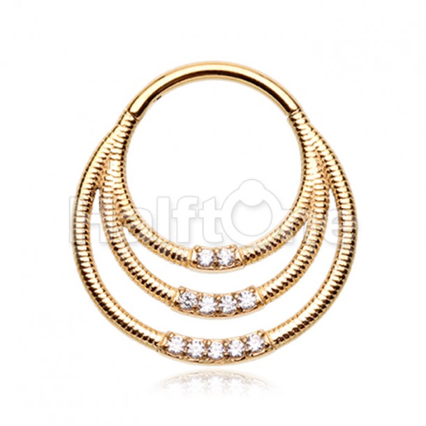 Golden Triple Row Front Facing Multi Gem Steel Seamless Hinged Clicker Ring Golden Triple Row Front Facing Multi Gem Steel Seamless Hinged Clicker Ring