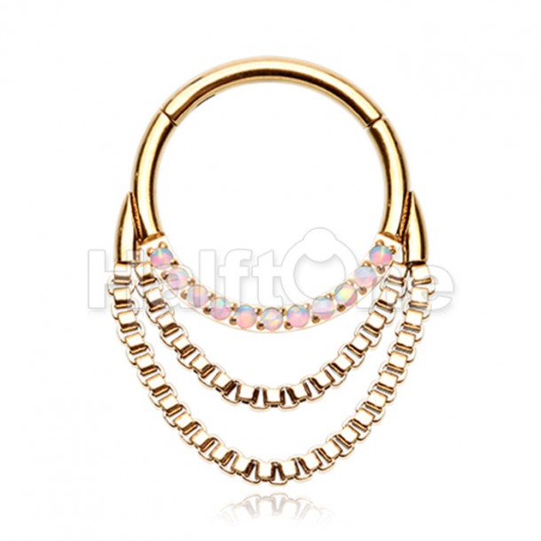 Golden Chained Front Facing Multi Opal Steel Seamless Hinged Clicker Ring Golden Chained Front Facing Multi Opal Steel Seamless Hinged Clicker Ring