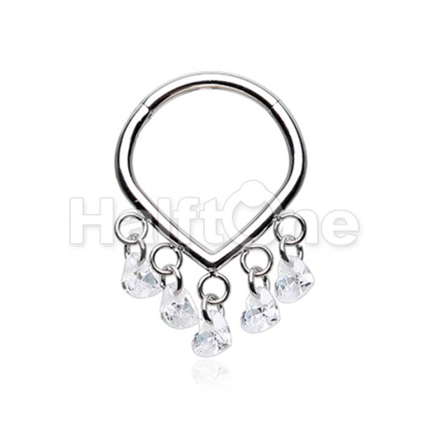 Teardrop 5 CZ Heart Dangle Steel Seamless Hinged Clicker Ring Teardrop 5 CZ Heart Dangle Steel Seamless Hinged Clicker Ring