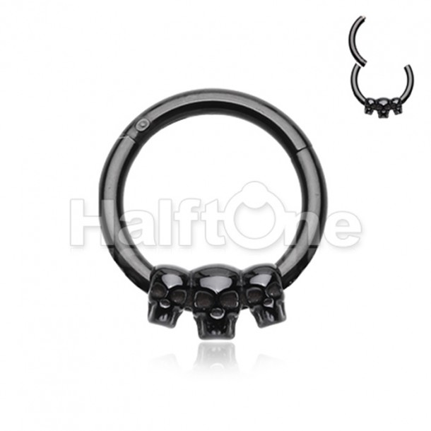 Black Triple Skull Steel Seamless Hinged Clicker Ring