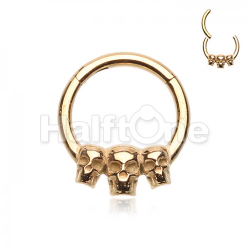Golden Triple Skull Steel Seamless Hinged Clicker Ring