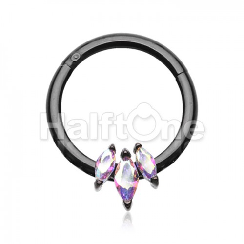 Black Triple Gem Marquis Steel Seamless Hinged Clicker Ring