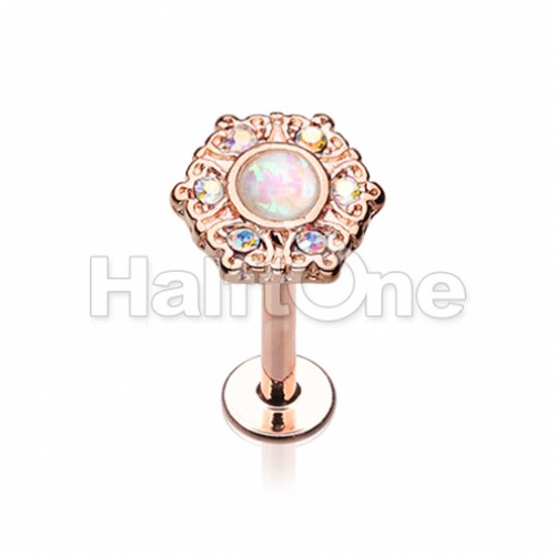 Rose Gold Ornate AB Gem Glitter Opal Top Steel Labret